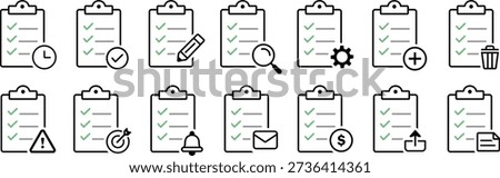Clipboard checklist icons showing task completion, approval, reminder, settings, add, delete, warning, target, notification, email, finance, and upload actions.