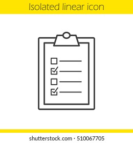 Ícone linear da lista de verificação da área de transferência. Ilustração de linha fina de pesquisa. Para fazer símbolo de contorno da lista. Desenho de contorno isolado vetorial