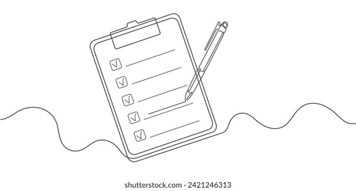  Clipboard with checklist. Management service page, business paper. Linear drawing on a white background. Vector illustration.