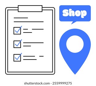 A clipboard checklist with multiple checkboxes and a location marker symbol with the word Shop. Ideal for shopping lists, task management, navigation, retail planning, and store locations. Simple