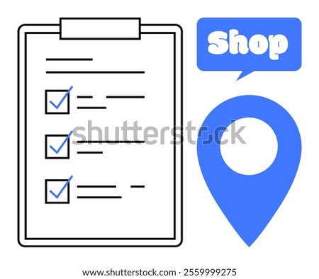 A clipboard checklist with multiple checkboxes and a location marker symbol with the word Shop. Ideal for shopping lists, task management, navigation, retail planning, and store locations. Simple