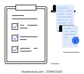 Uma área de transferência com uma lista de verificação ao lado de recebimentos com marcas de verificação. Ideal para negócios, planejamento, organização, produtividade e temas contábeis. Estilo limpo e minimalista