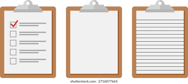 Clipboard Checklist and Notes Icon Set with Task List Blank and Lined Paper Boards – Vector Illustration