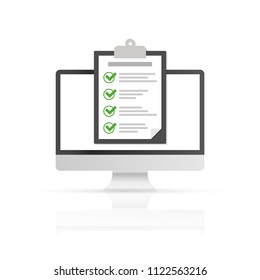 Clipboard with checklist on computer. Flat illustration of clipboard with checklist icon for web. Vector stock illustration.