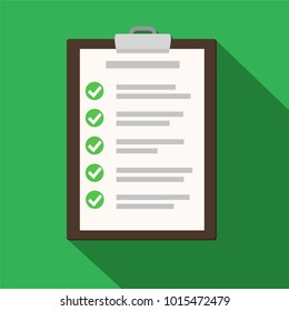 Clipboard with checklist on green. Flat illustration of clipboard with checklist for web stock vector