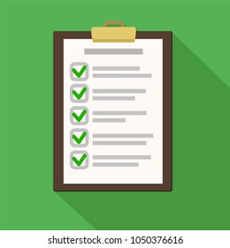 Clipboard with checklist on green. Flat illustration of clipboard with checklist for web stock vector