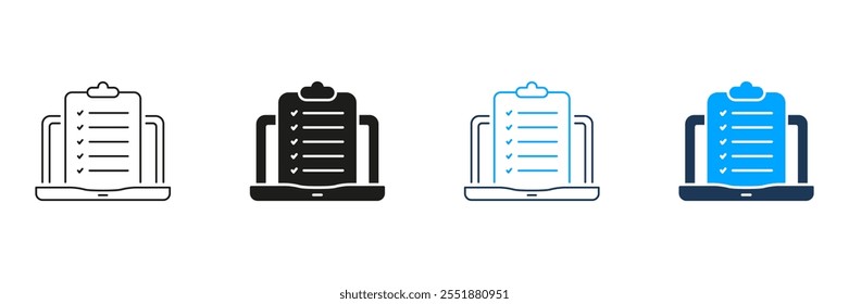 Portapapeles con lista de verificación en la línea del ordenador portátil y conjunto de iconos de silueta. Formulario de solicitud Pictograma. Símbolo de lista de cuestionarios. Prueba En Línea En Computer Sign. Trazo Editable. Ilustración vectorial aislada.