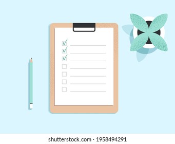 Clipboard with checklist on a white sheet of paper with green tick marks. Check list, to do, questionnaire concept. Document on the table. Top view. Minimalist isolated flat vector illustration