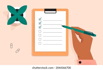 Clipboard with a checklist on a white sheet of paper. Hand holding a pen and writing. Check list, to do, questionnaire concept. Document on the desk. Top view. Isolated flat vector illustration
