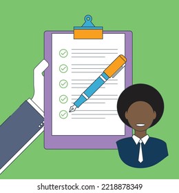 Portapapeles con una lista de verificación en una hoja blanca de papel y lápiz. Ver lista, por hacer, cuestionario, informe, concepto de documento de retroalimentación. Icono de documento de lista de verificación en vector de diseño plano.