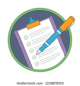 Clipboard with a checklist on a white sheet of paper and pen. Check list, to do, questionnaire, report, feedback document concept. Checklist document icon in flat design vector.
