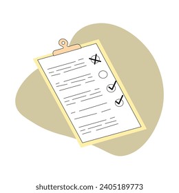 Zwischenablage mit Checkliste auf einem weißen Blatt Papier mit grünen Häkchen. Überprüfen Sie die Liste, um zu tun, Fragebogenkonzept. Dokument auf dem Tisch. Draufsicht. Minimalistische einzelne flache Vektorgrafik