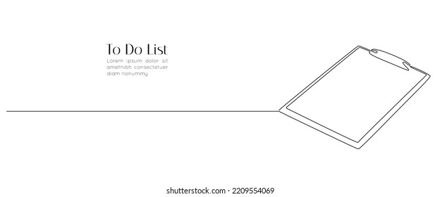 Clipboard with checklist in one continuous line drawing. Concept test and to do list in simple linear style. Logo and icon business report with editable stroke. Doodle Vector illustration