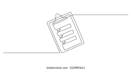 Clipboard with checklist with clipboard in one continuous line drawing. To do list with ticks and concept test expertise and exam in simple linear style. Editable stroke. Doodle vector illustration