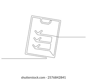 Clipboard with checklist in One continuous line drawing. Symbol of to do list for business or schedule. Clipboard in simple linear style. Editable stroke. Doodle line illustration