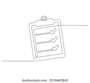 Clipboard with checklist in One continuous line drawing. Symbol of to do list for business or schedule. Clipboard in simple linear style. Editable stroke. Doodle line illustration