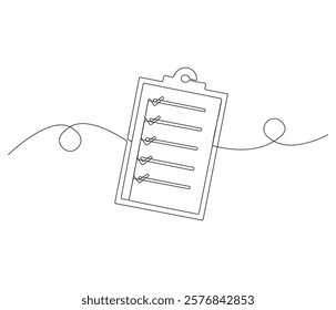 Clipboard with checklist in One continuous line drawing. Symbol of to do list for business or schedule. Clipboard in simple linear style. Editable stroke. Doodle line illustration