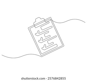 Clipboard with checklist in One continuous line drawing. Symbol of to do list for business or schedule. Clipboard in simple linear style. Editable stroke. Doodle line illustration