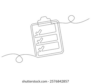 Clipboard with checklist in One continuous line drawing. Symbol of to do list for business or schedule. Clipboard in simple linear style. Editable stroke. Doodle line illustration