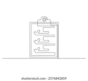 Clipboard with checklist in One continuous line drawing. Symbol of to do list for business or schedule. Clipboard in simple linear style. Editable stroke. Doodle line illustration