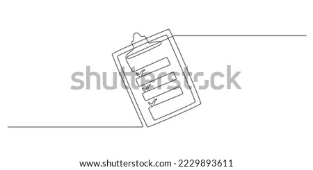 Clipboard with checklist with clipboard in one continuous line drawing. To do list with ticks and concept test expertise and exam in simple linear style. Editable stroke. Doodle vector illustration