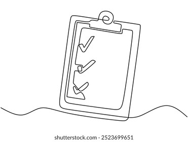 Clipboard with checklist in one line art vector. Continuous line drawing check list paper. Single outline illustration isolated on white background.