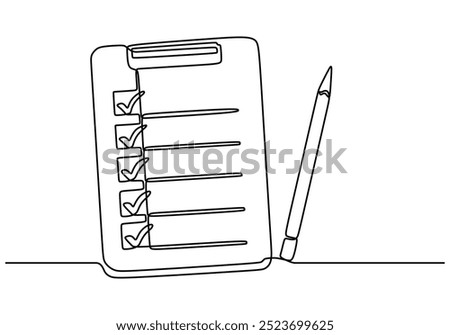 Clipboard with checklist in one line art vector. Continuous line drawing check list paper. Single outline illustration isolated on white background.