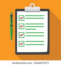 Clipboard with checklist and pen in flat design, vector illustration on orange background.