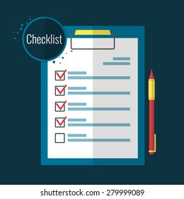 Clipboard checklist and pen  in flat style. Vector illustration.