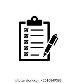 Clipboard with Checklist and Pen Icon in Black Design