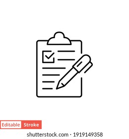 Clipboard checklist with pen line icon. Testimonials and customer relationship management concept. Simple outline style. Vector illustration isolated on white background. Editable stroke EPS 10. 