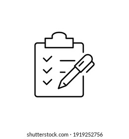 Lista de verificación del portapapeles con el icono de la línea de lápiz. Testimonios y concepto de gestión de relaciones con el cliente. Estilo de contorno simple. Ilustración vectorial aislada en fondo blanco. EPS 10.