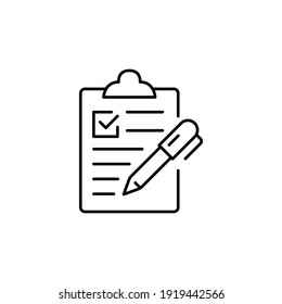 Clipboard checklist with pen line icon. Testimonials and customer relationship management concept. Simple outline style. Vector illustration isolated on white background. EPS 10.