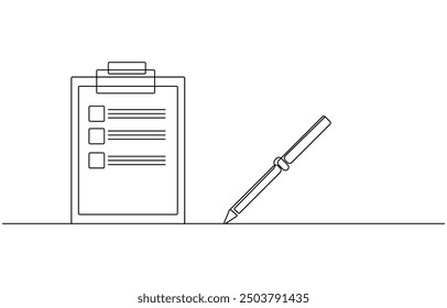 Clipboard with checklist and pen in one continuous line drawing. To do list with ticks and concept for test expertise and exam in simple linear style, Clipboard with checklist