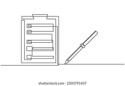 Clipboard with checklist and pen in one continuous line drawing. To do list with ticks and concept for test expertise and exam in simple linear style, Clipboard with checklist