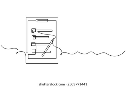 Portapapeles con lista de comprobación y lápiz en un plano de línea continua. Para hacer la lista con los trucos y el concepto para la experiencia de la prueba y el examen en estilo lineal simple, Portapapeles con la lista de verificación