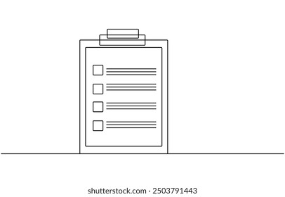 Clipboard with checklist and pen in one continuous line drawing. To do list with ticks and concept for test expertise and exam in simple linear style, Clipboard with checklist