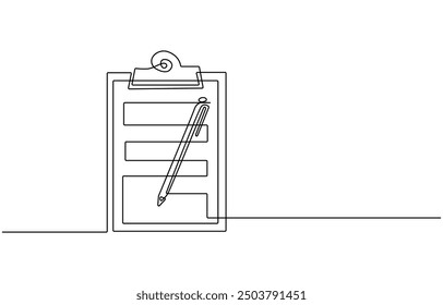 Clipboard with checklist and pen in one continuous line drawing. To do list with ticks and concept for test expertise and exam in simple linear style, Clipboard with checklist