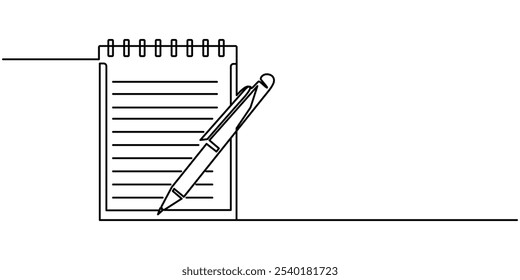 Área de transferência com lista de verificação e caneta em um desenho de linha contínua. Lista de tarefas com tiques e conceito para experiência de teste e exame em estilo linear simples. Traçado editável. Ilustração de vetor de doodle, Pen.