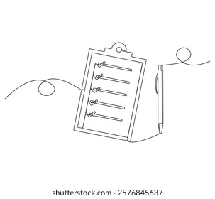 Clipboard and checklist with pen in One continuous line drawing. Symbol of to do list for business or schedule. Clipboard in simple linear style. Editable stroke. Doodle line illustration