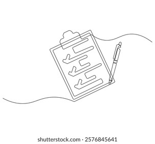 Clipboard and checklist with pen in One continuous line drawing. Symbol of to do list for business or schedule. Clipboard in simple linear style. Editable stroke. Doodle line illustration