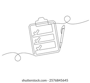 Clipboard and checklist with pen in One continuous line drawing. Symbol of to do list for business or schedule. Clipboard in simple linear style. Editable stroke. Doodle line illustration