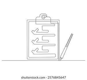 Clipboard and checklist with pen in One continuous line drawing. Symbol of to do list for business or schedule. Clipboard in simple linear style. Editable stroke. Doodle line illustration