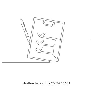 Clipboard and checklist with pen in One continuous line drawing. Symbol of to do list for business or schedule. Clipboard in simple linear style. Editable stroke. Doodle line illustration