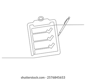 Clipboard and checklist with pen in One continuous line drawing. Symbol of to do list for business or schedule. Clipboard in simple linear style. Editable stroke. Doodle line illustration