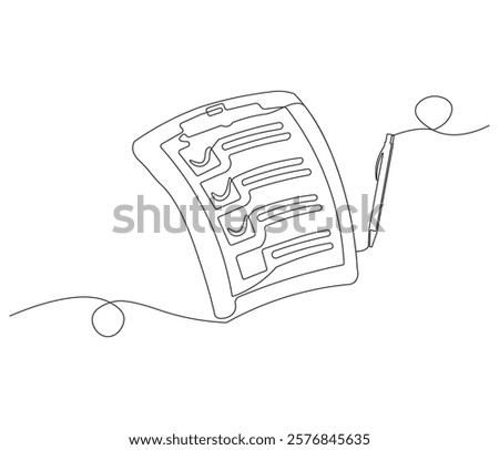 Clipboard and checklist with pen in One continuous line drawing. Symbol of to do list for business or schedule. Clipboard in simple linear style. Editable stroke. Doodle line illustration