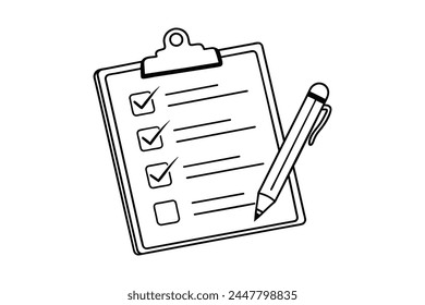 Clipboard with checklist and pen One line continuous line art illustration on white background.