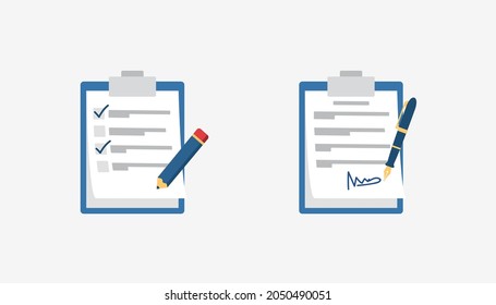 Clipboard with checklist and pencil, Contract with pen and signature flat colorful icons