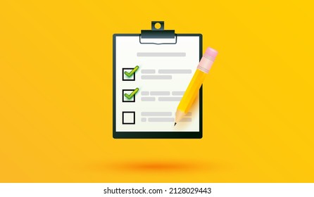 clipboard with checklist and pencil. Document in test form with check marks on note paper vector illustration.