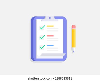 Clipboard with checklist and pencil. Flat design. Vector illustration